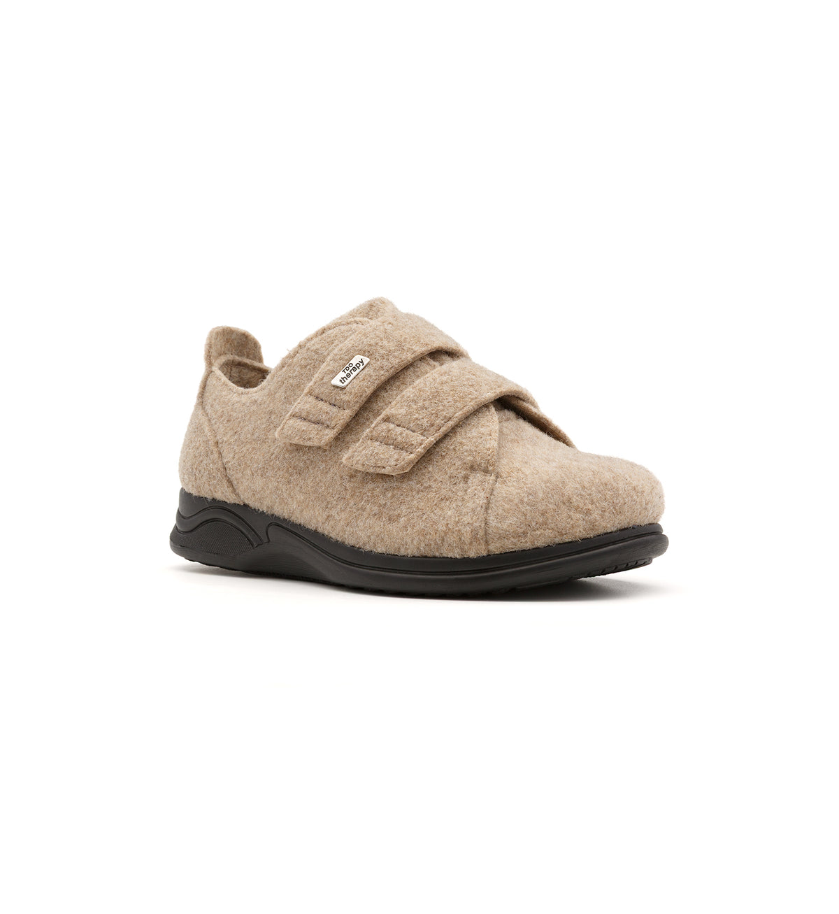 Beige Hartley felt slipper with two straps, viewed from the front at an angle.