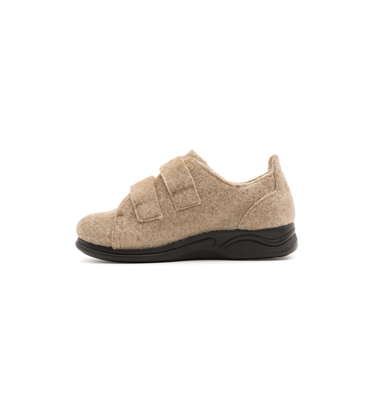 Beige Hartley felt slipper with two straps, inner side view.