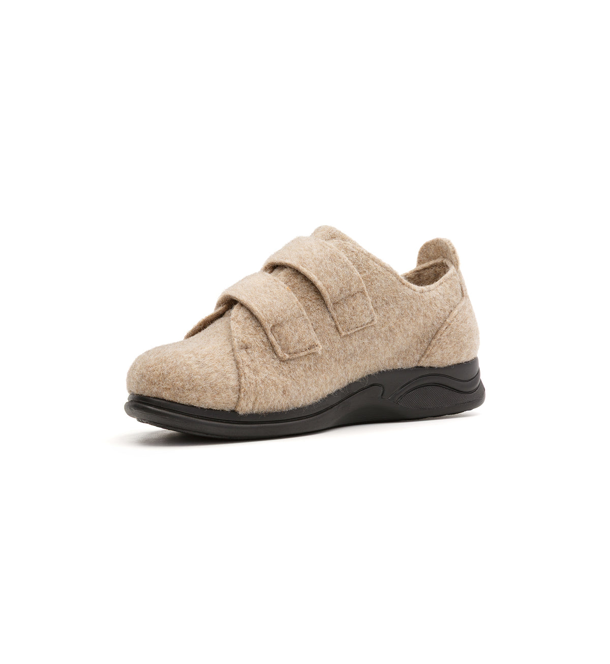 Beige Hartley felt slipper with two straps, viewed from the opposite front angle.