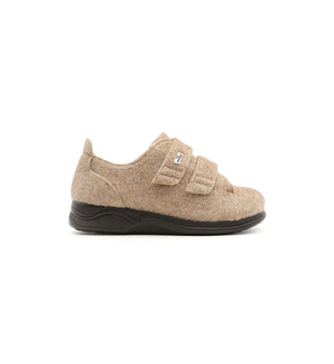 Beige Hartley felt slipper with two straps, outer side view.