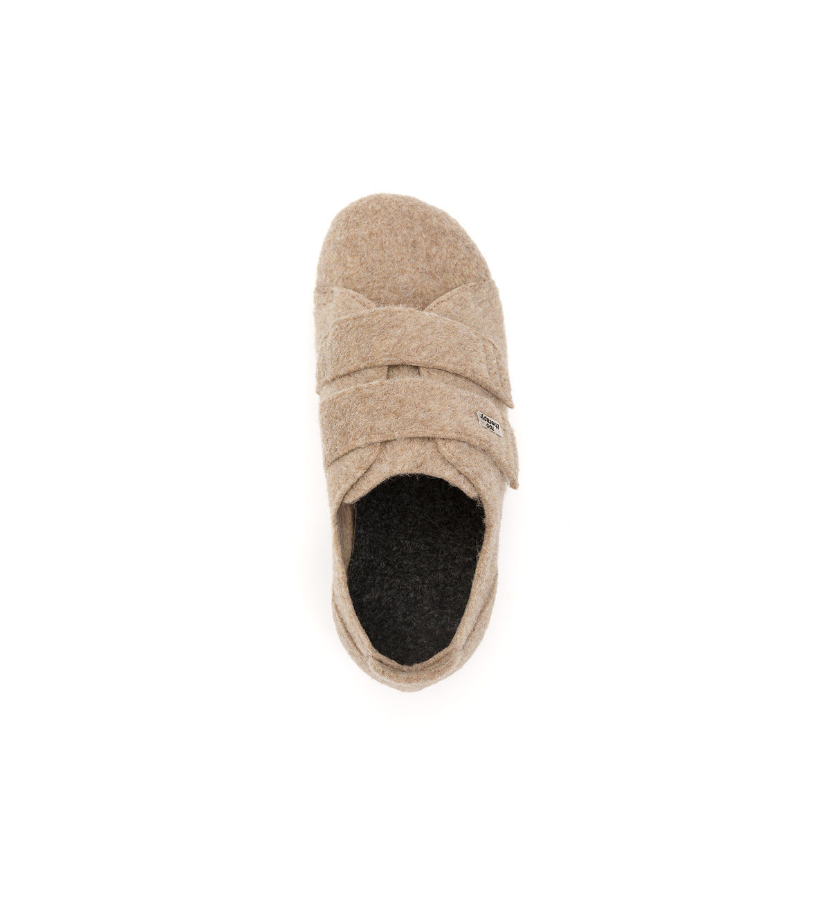 Beige Hartley felt slipper with two straps, top view.