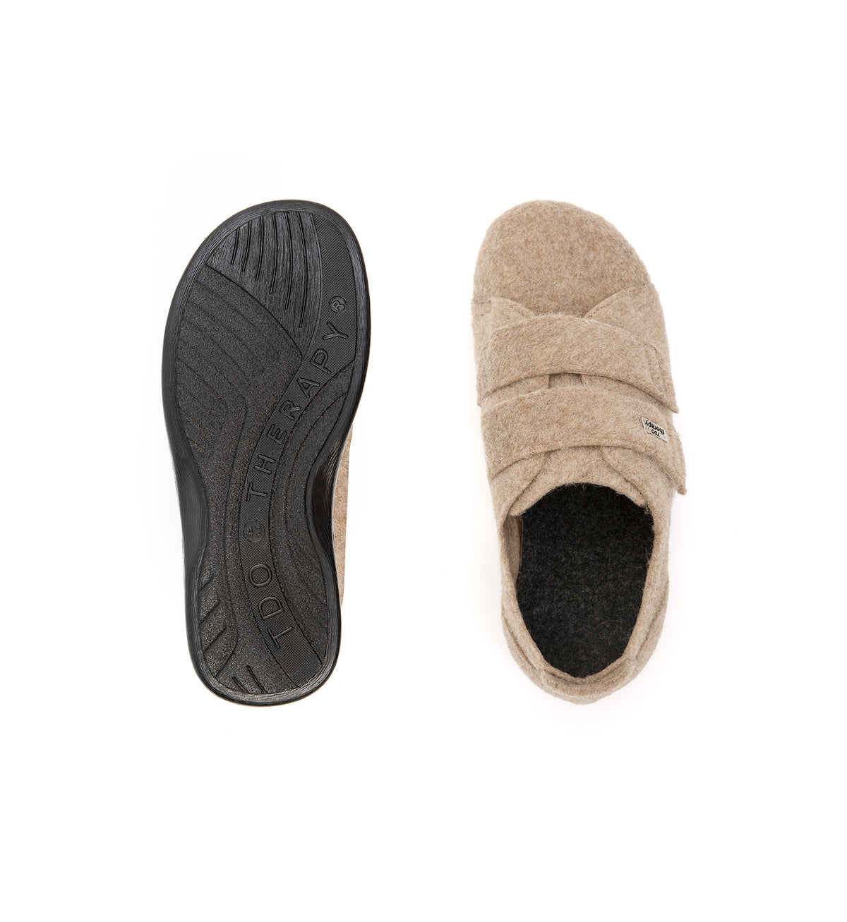 Top and sole views of the beige Hartley felt slipper with two straps.