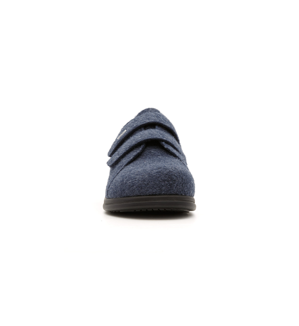 Navy Hartley felt slipper with two straps, front view.