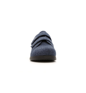Navy Hartley felt slipper with two straps, front view.