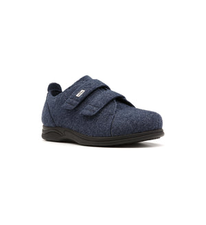 Navy Hartley felt slipper with two straps, viewed from the front at an angle.