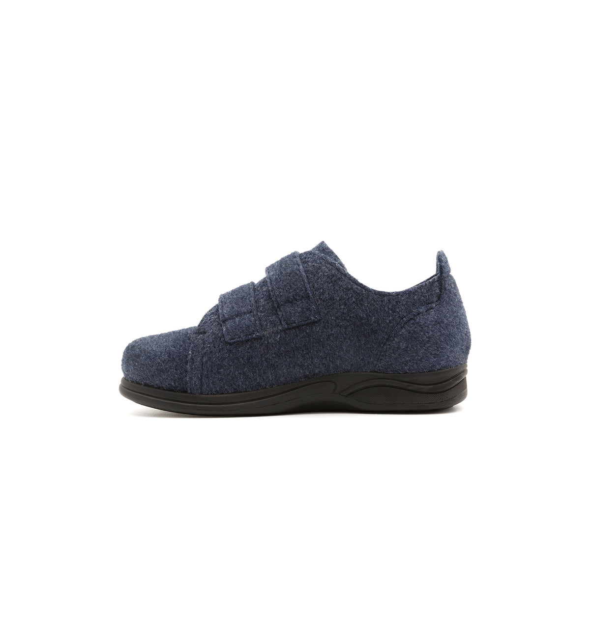 Navy Hartley felt slipper with two straps, inner side view.