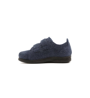 Navy Hartley felt slipper with two straps, inner side view.