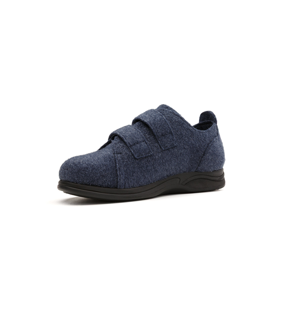 Navy Hartley felt slipper with two straps, viewed from the opposite front angle.