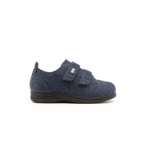 Navy Hartley felt slipper with two straps, outer side view.