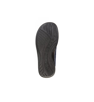 Sole of the navy Hartley felt slipper with two straps, showing the tread.
