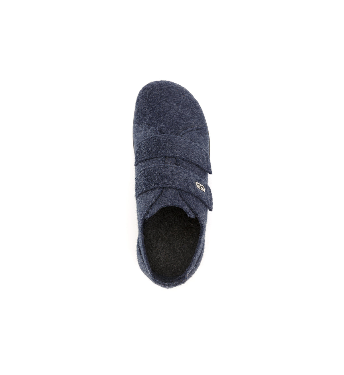 Navy Hartley felt slipper with two straps, top view.