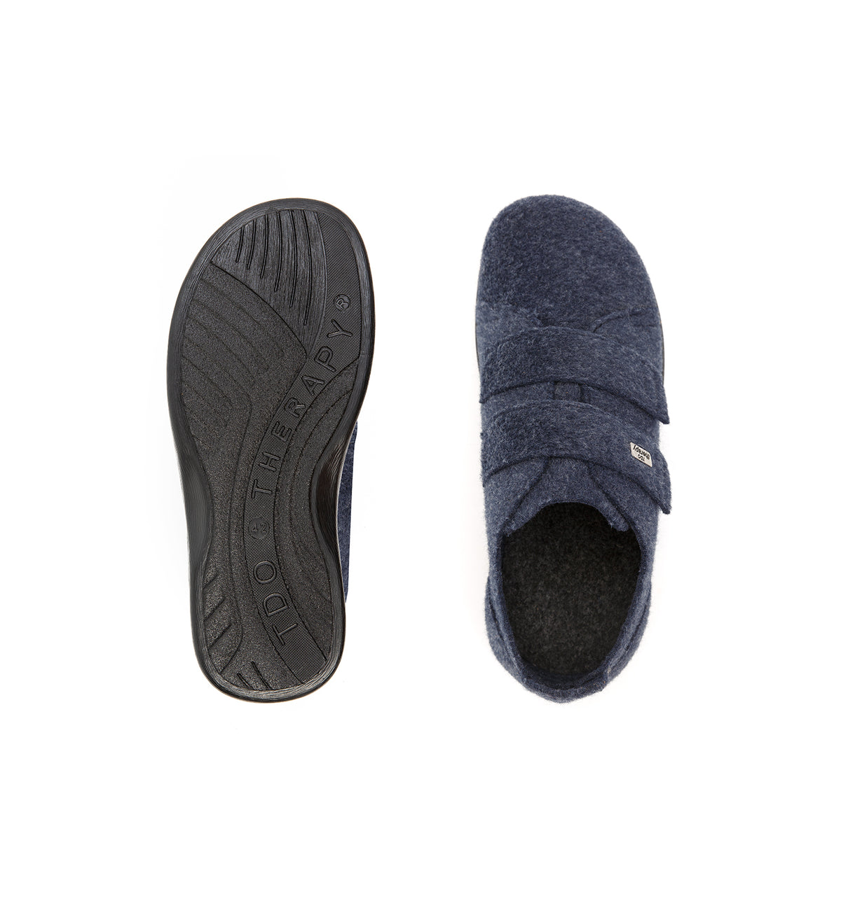 Top and sole views of the navy Hartley felt slipper with two straps.