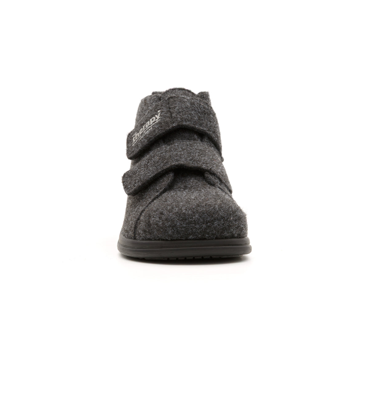 Anthracite Burley felt slipper boot with two straps, front view.