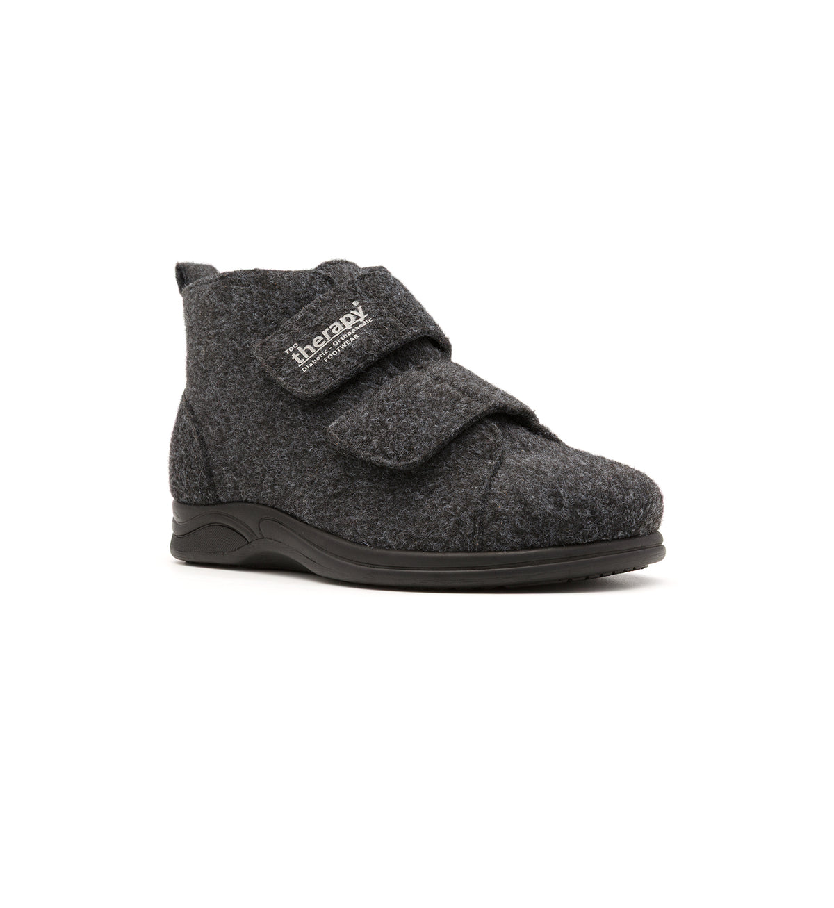 Anthracite Burley felt slipper boot with two straps, viewed from the front at an angle.