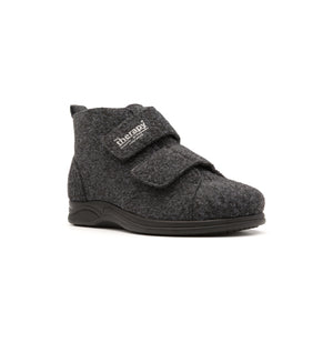 Anthracite Burley felt slipper boot with two straps, viewed from the front at an angle.