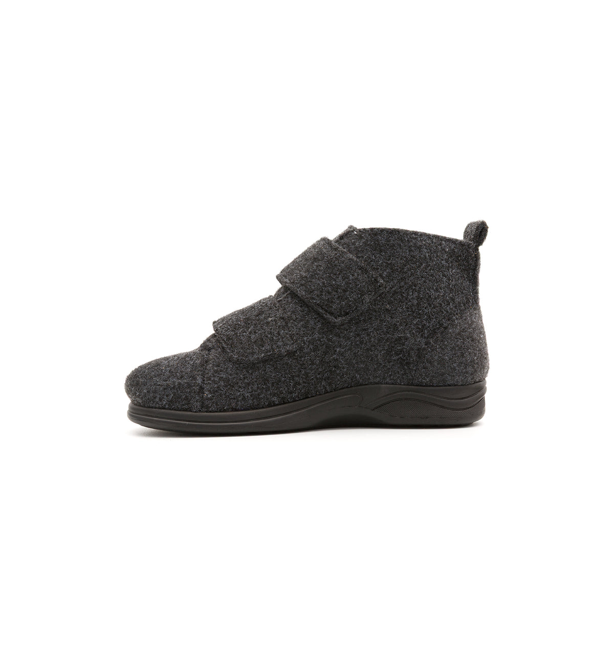 Anthracite Burley felt slipper boot with two straps, inner side view.