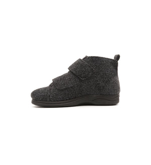Anthracite Burley felt slipper boot with two straps, inner side view.
