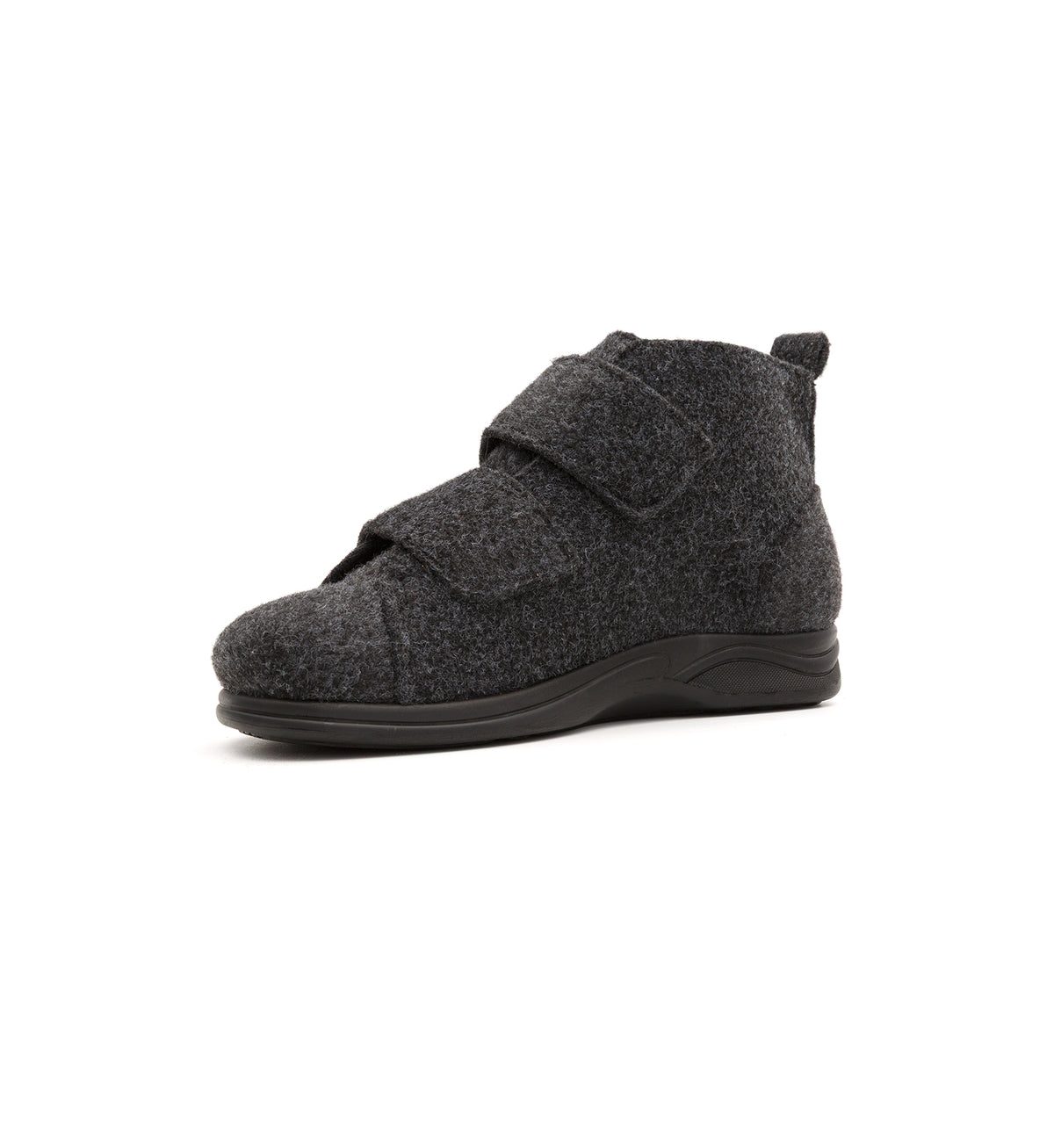 Anthracite Burley felt slipper boot with two straps, viewed from the opposite front angle.