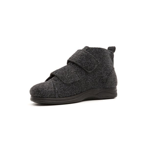 Anthracite Burley felt slipper boot with two straps, viewed from the opposite front angle.
