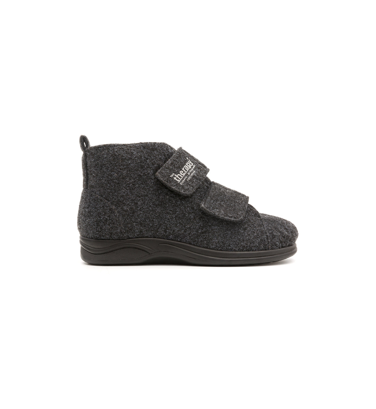 Anthracite Burley felt slipper boot with two straps, outer side view.