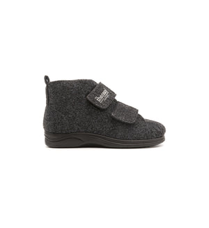 Anthracite Burley felt slipper boot with two straps, outer side view.