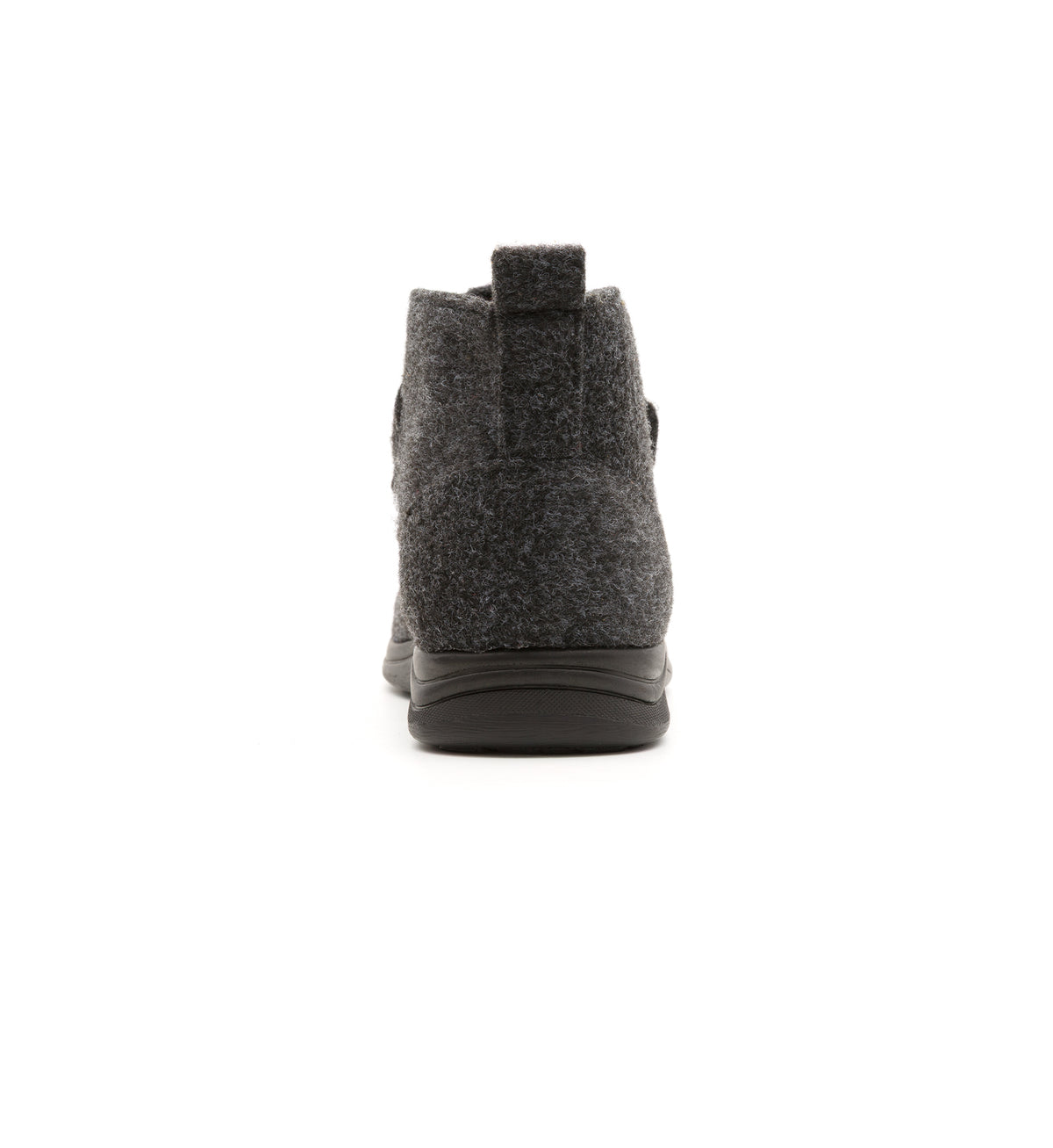 Anthracite Burley felt slipper boot with two straps, rear view.