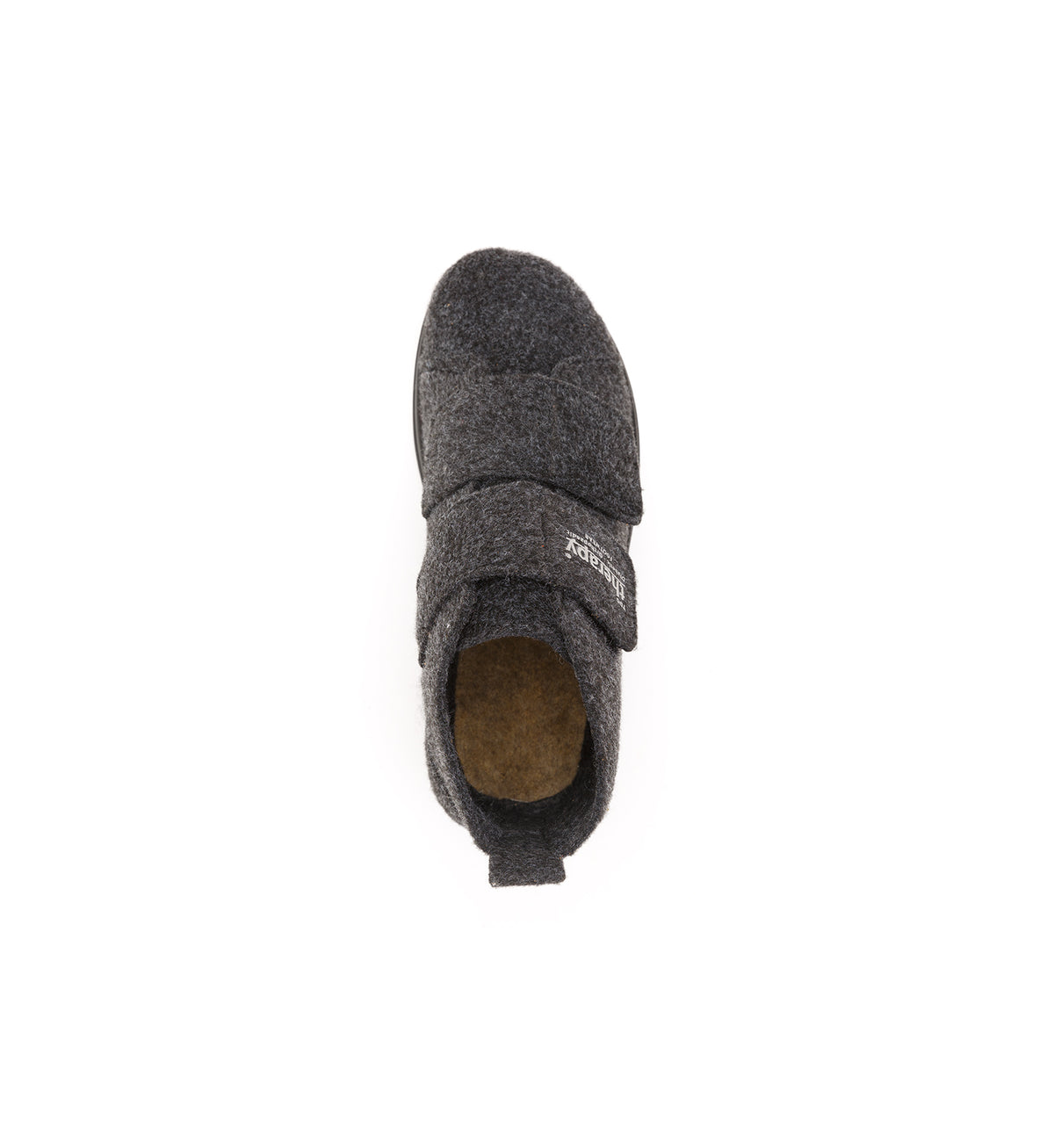 Anthracite Burley felt slipper boot with two straps, top view.