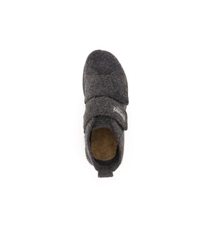 Anthracite Burley felt slipper boot with two straps, top view.