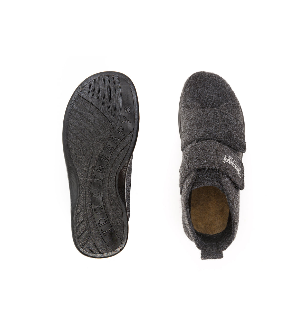 Top and sole views of the anthracite Burley felt slipper boot with two straps.