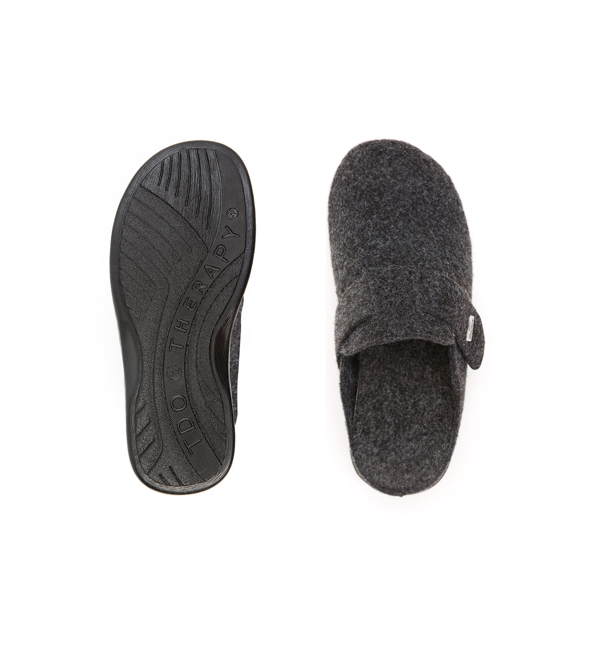Top and sole views of the anthracite Henley felt mule slipper.