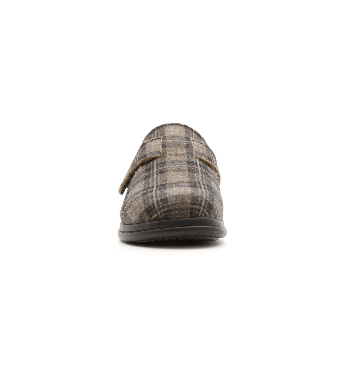 Brown check Henley mule, front view.