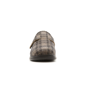 Brown check Henley mule, front view.