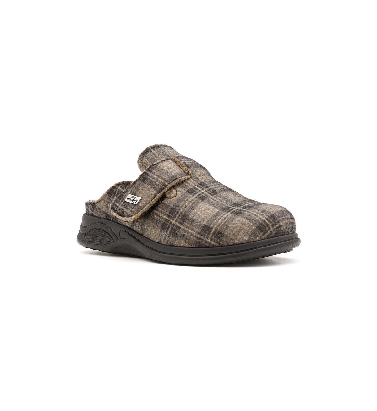 Brown check Henley mule, viewed from the front at an angle.