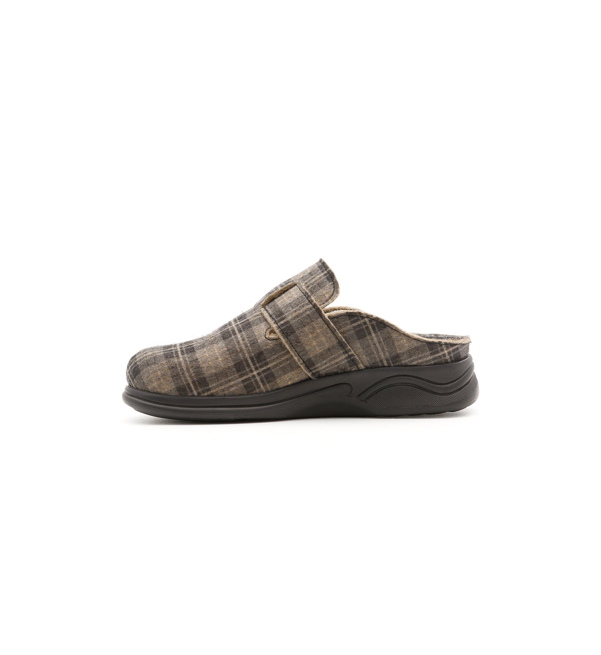 Brown check Henley mule, inner side view.
