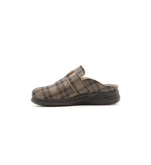 Brown check Henley mule, inner side view.