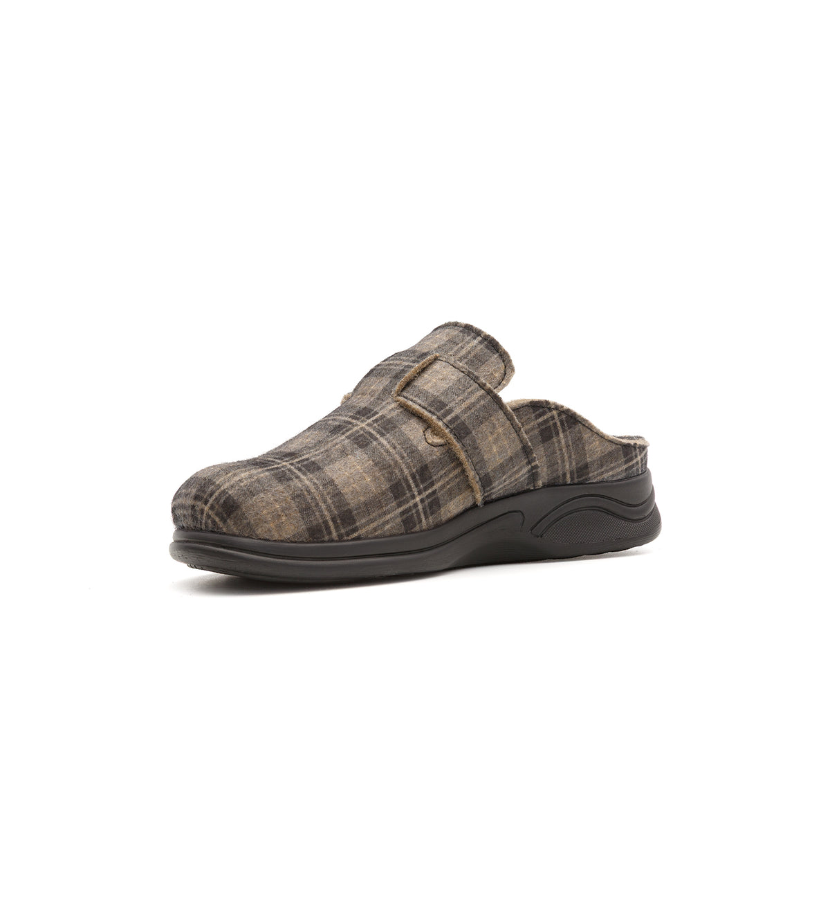 Brown check Henley mule, viewed from the opposite front angle.