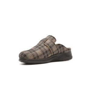 Brown check Henley mule, viewed from the opposite front angle.