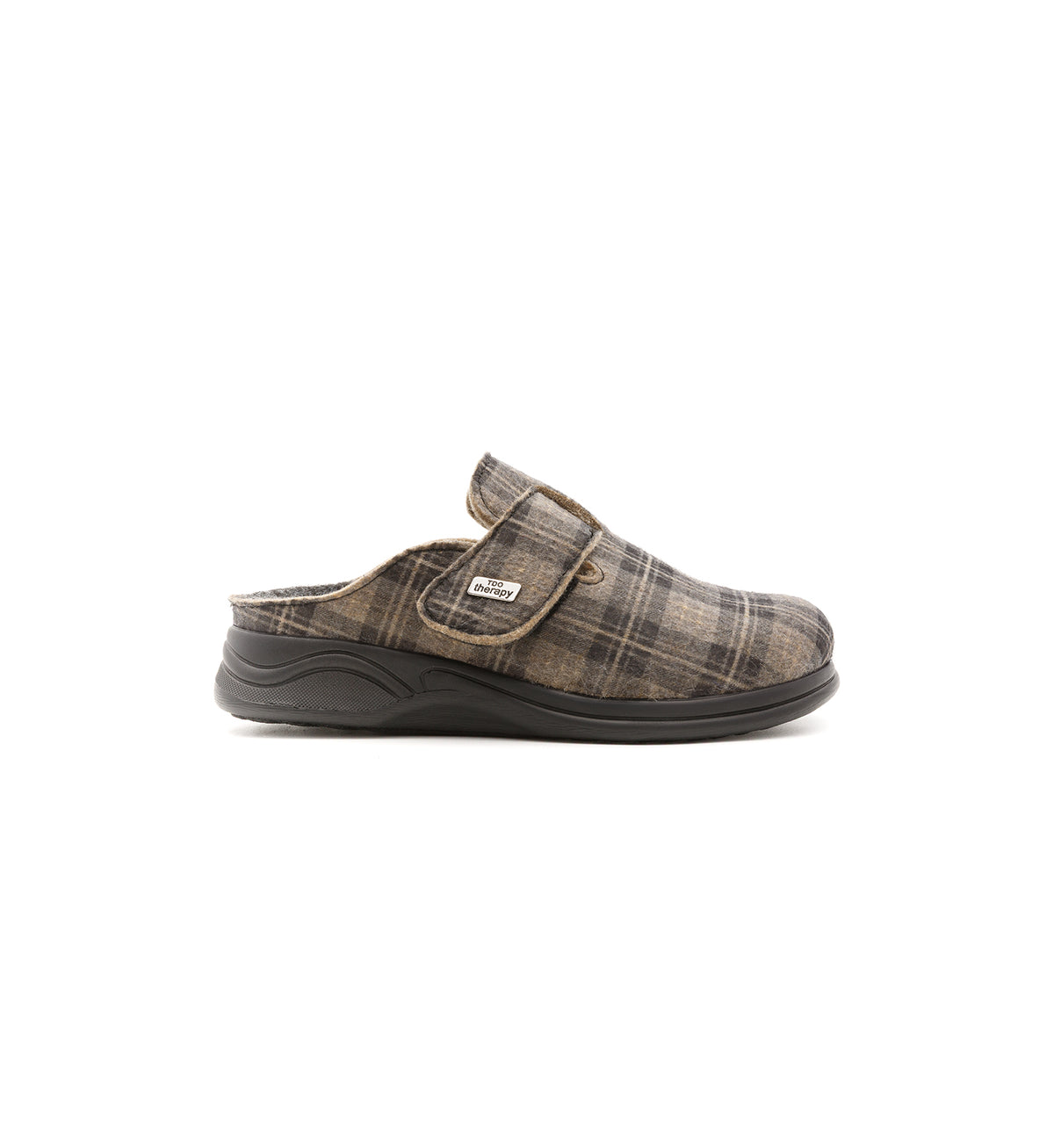 Brown check Henley mule, outer side view.