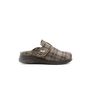 Brown check Henley mule, outer side view.