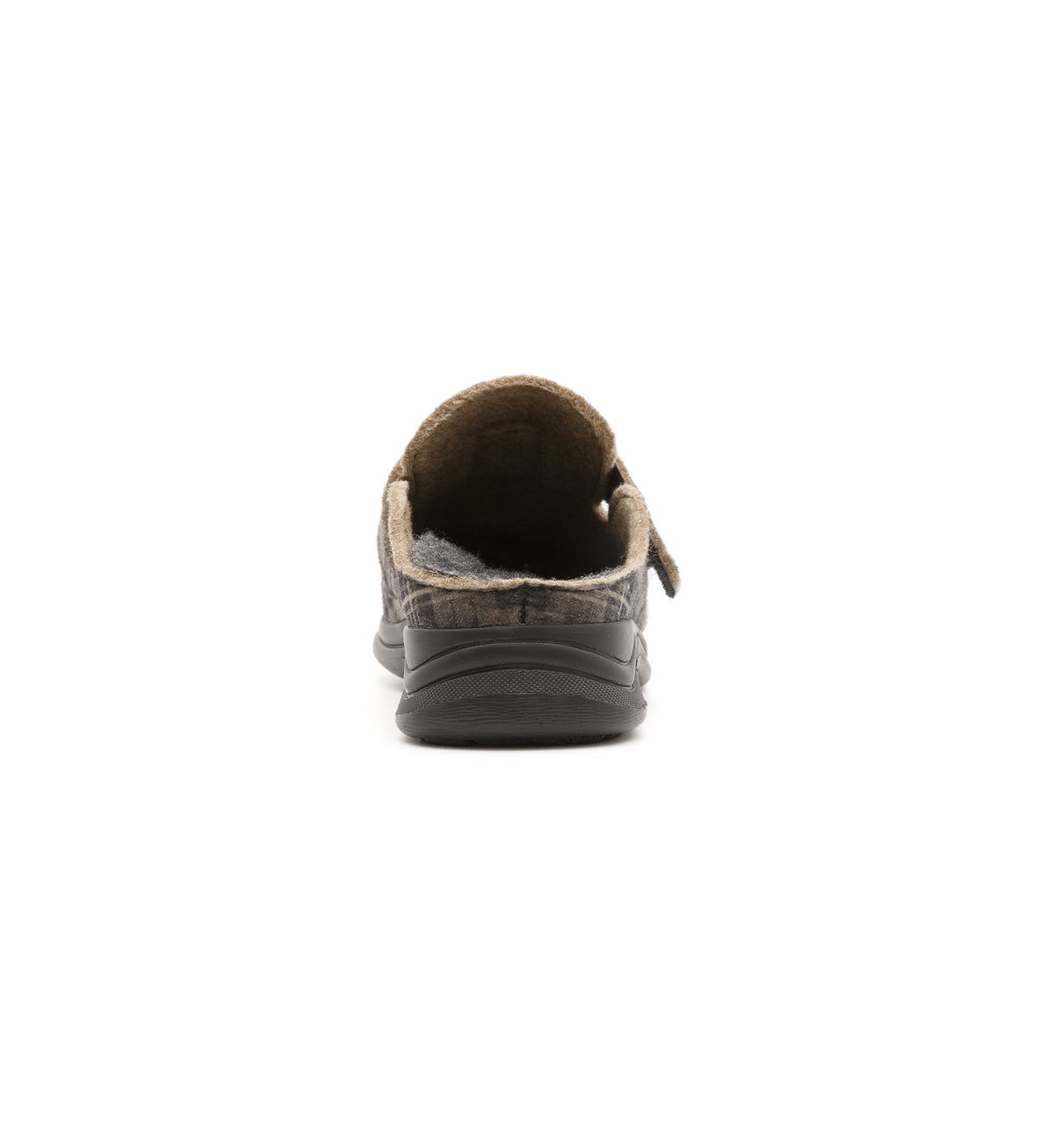 Brown check Henley mule, rear view.