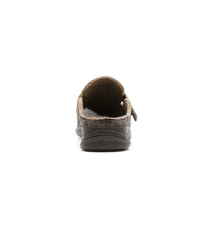 Brown check Henley mule, rear view.