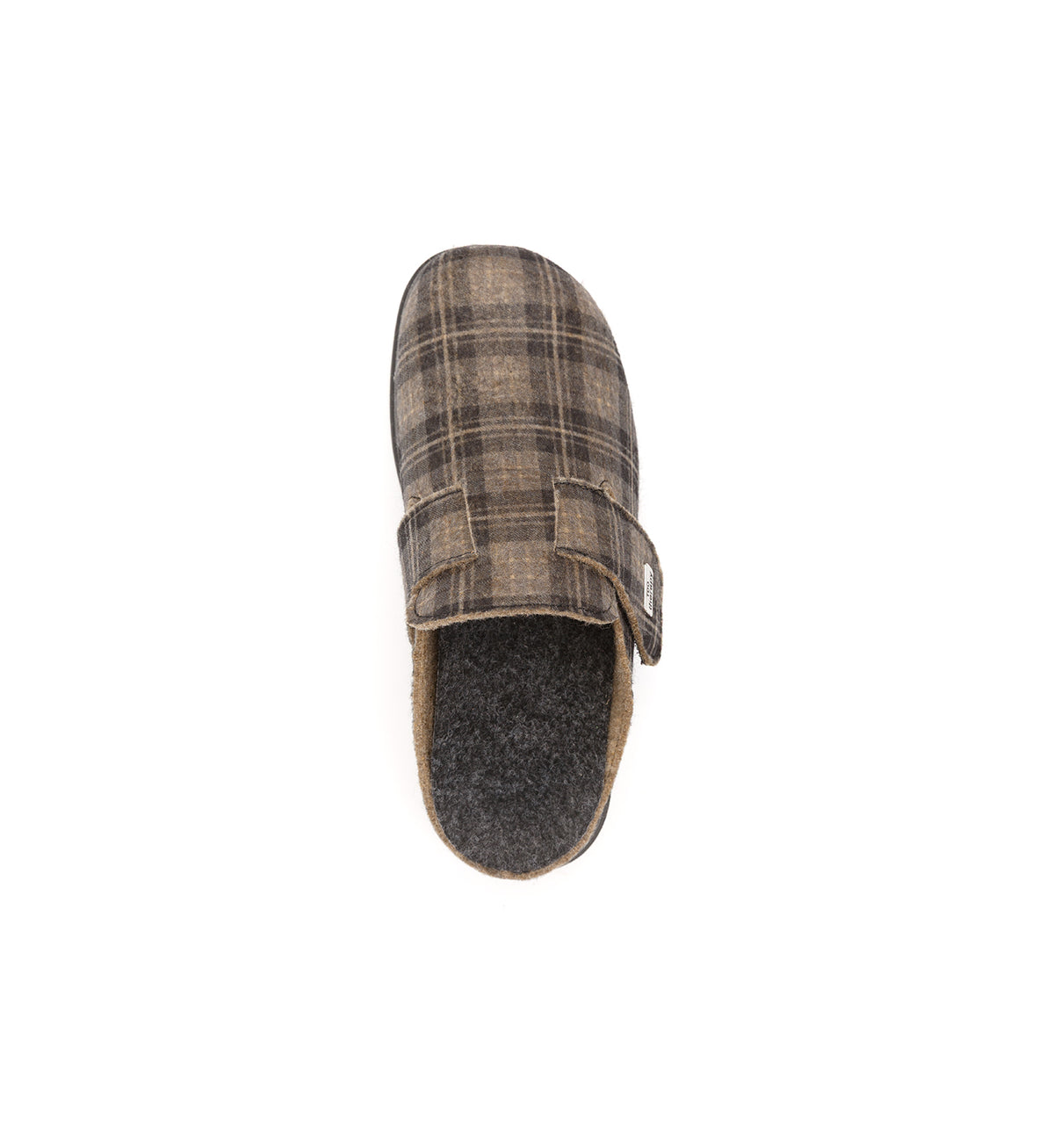 Brown check Henley mule, top view.