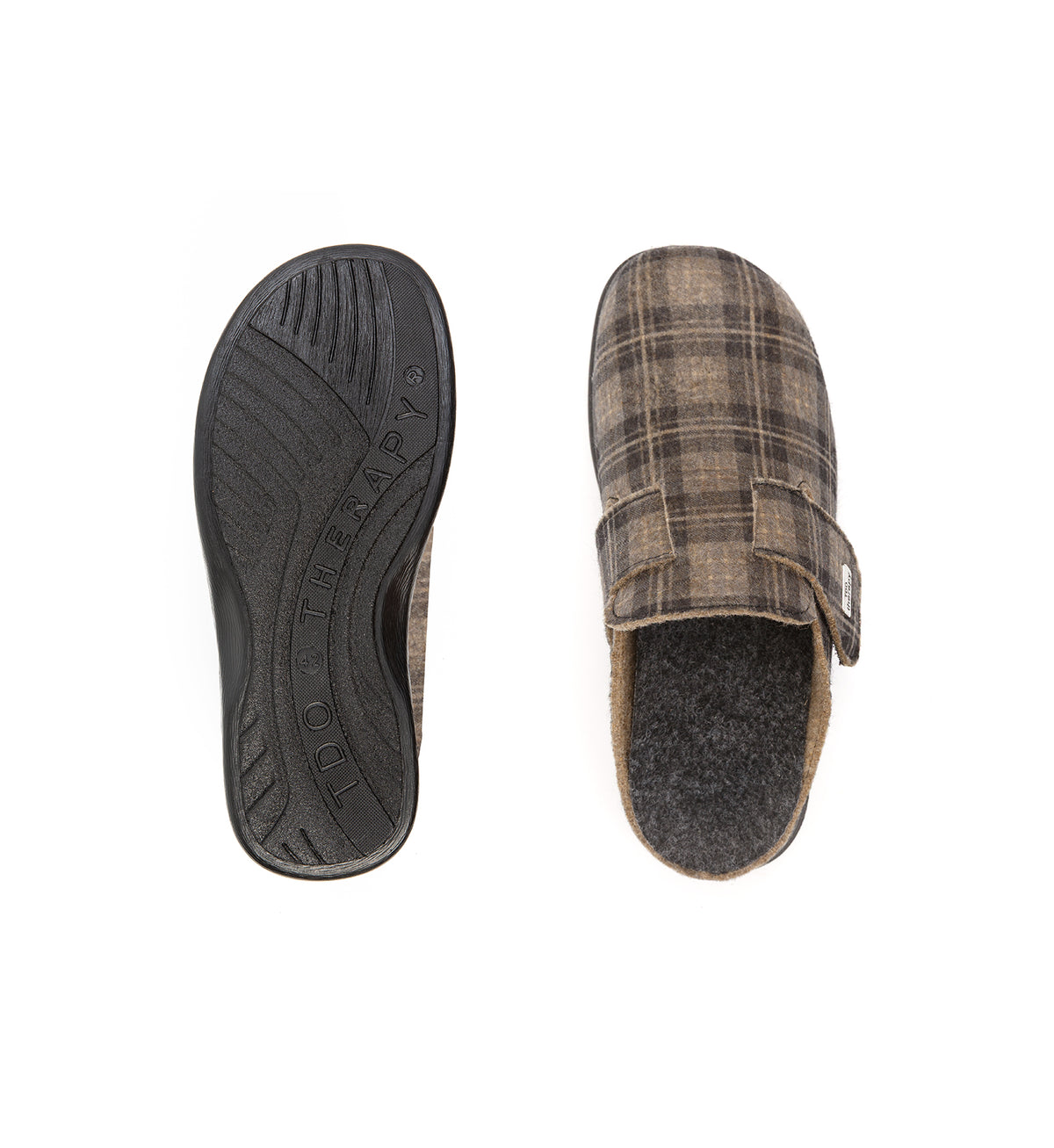 Top and sole views of the brown check Henley mule.
