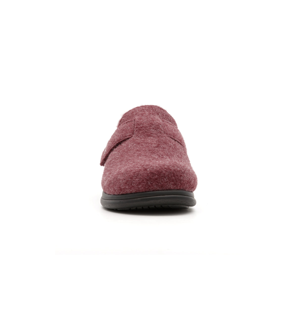 Burgundy Henley felt mule slipper, front view.