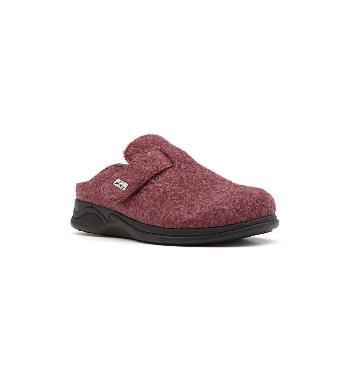 Burgundy Henley felt mule slipper, viewed from the front at an angle.