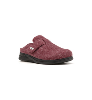 Burgundy Henley felt mule slipper, viewed from the front at an angle.
