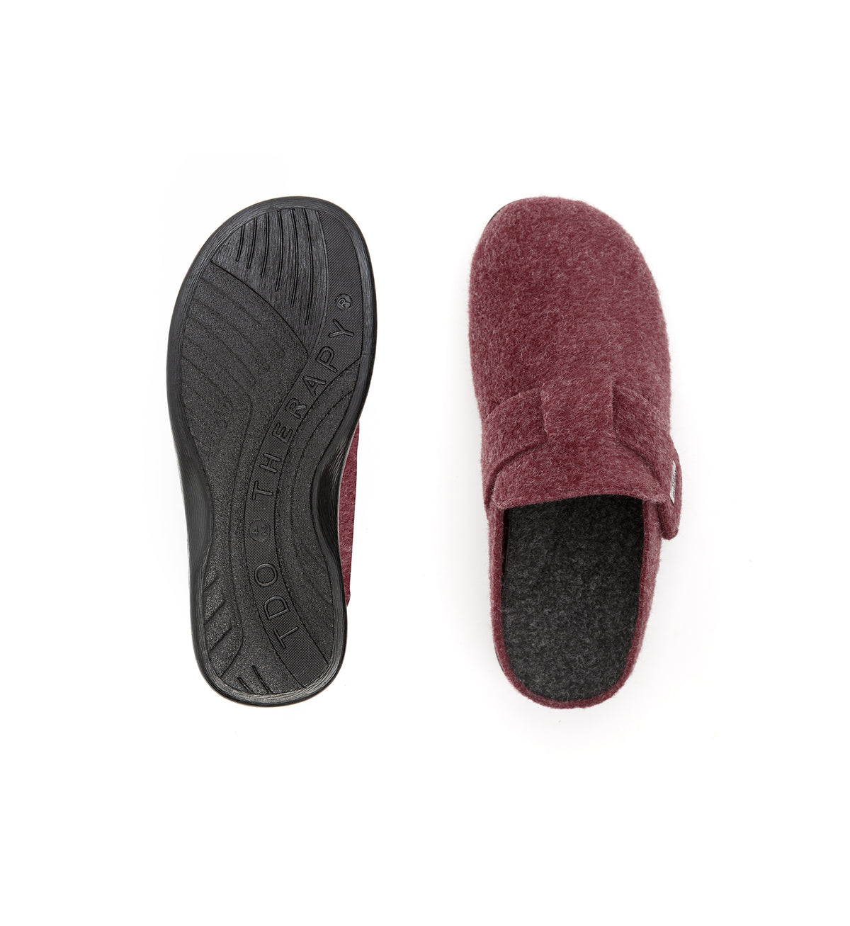 Top and sole views of the burgundy Henley felt mule slipper.