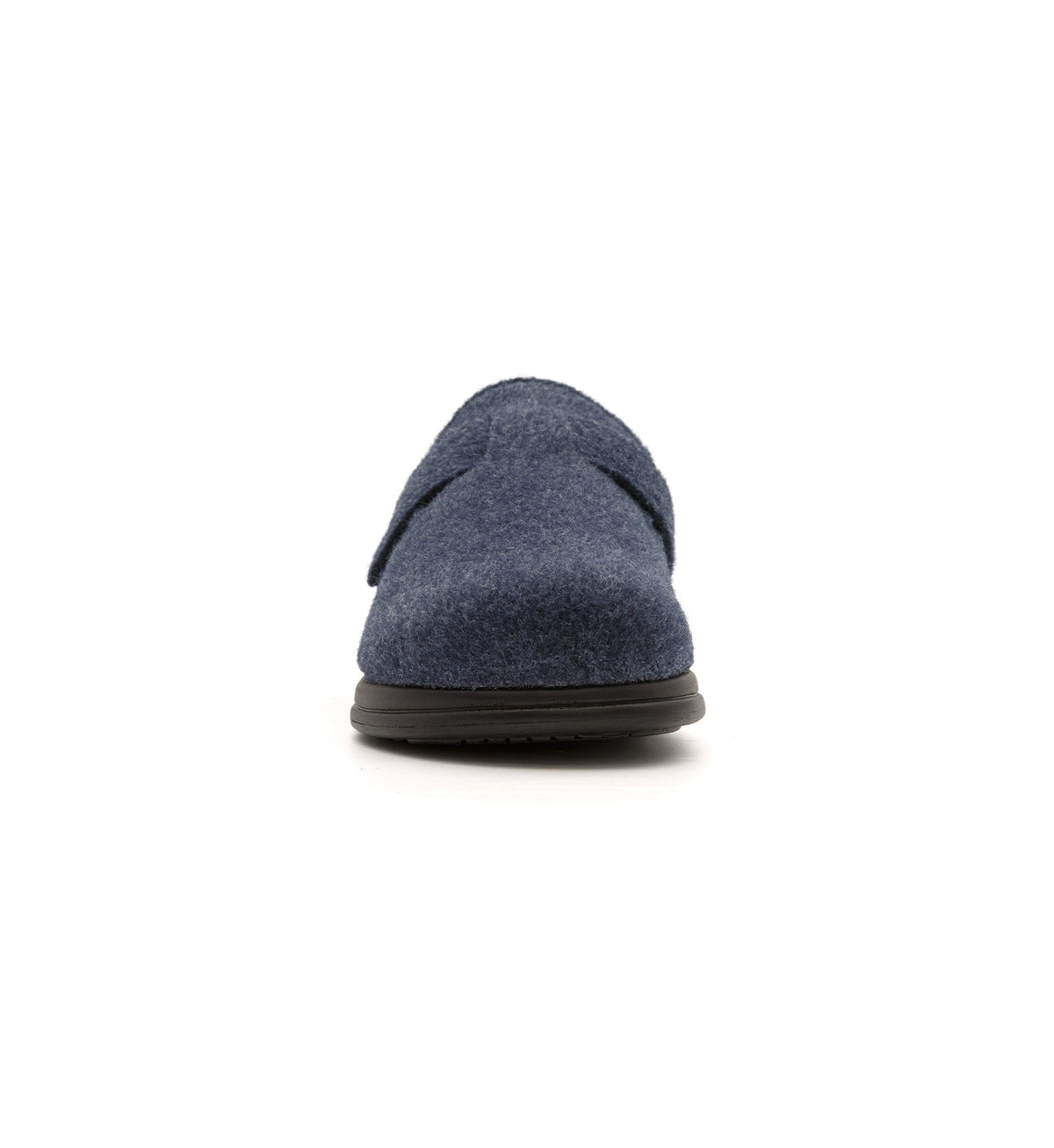 Navy Henley felt mule slipper, front view.