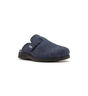 Navy Henley felt mule slipper, viewed from the front at an angle.