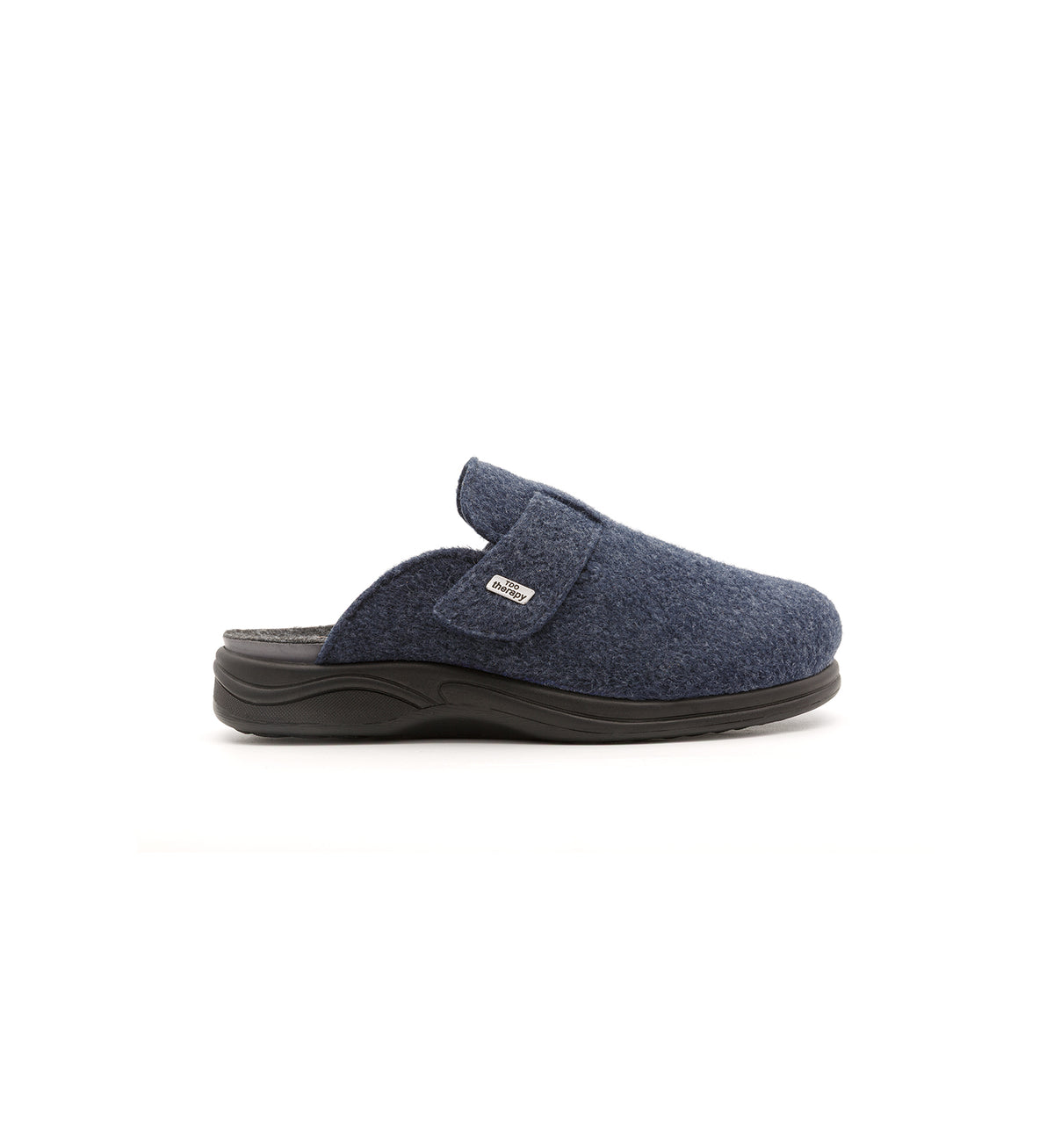 Navy Henley felt mule slipper, outer side view.
